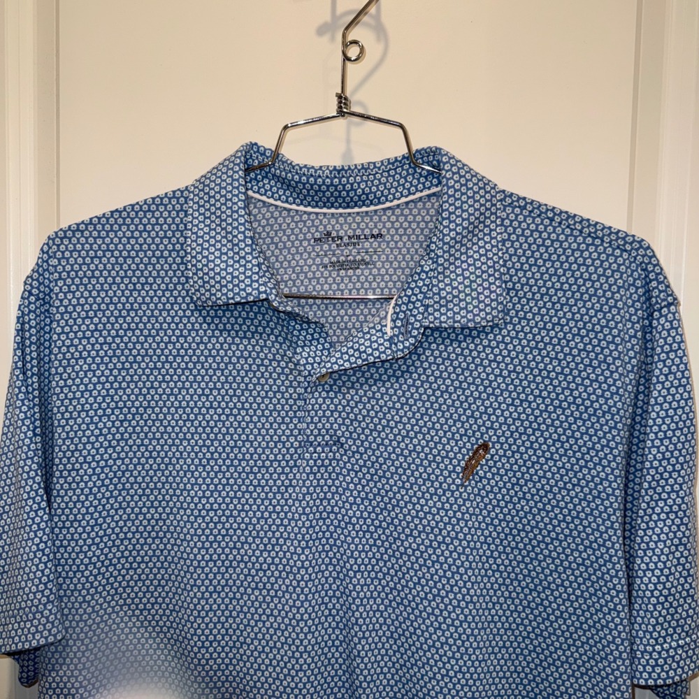 Peter Millar Crown Crafted Men's L Blue Print Golf Polo Feather Logo Stretch